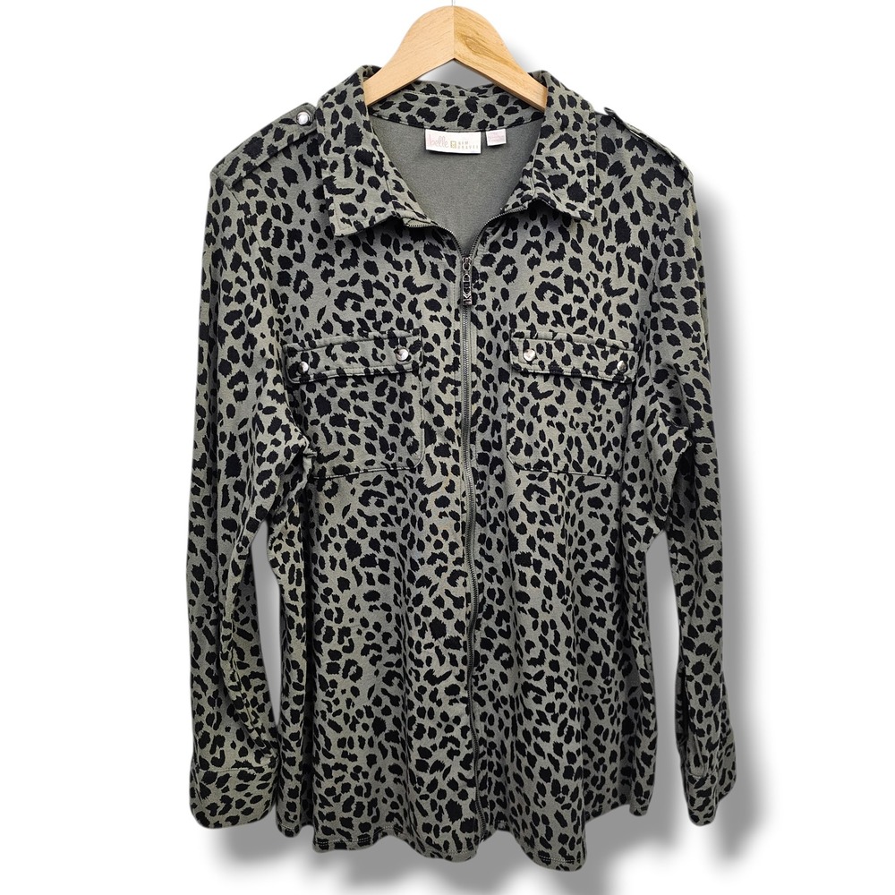 Belle by Kim Gravel Jacket 1X Womens Green Leopard Zip Front
